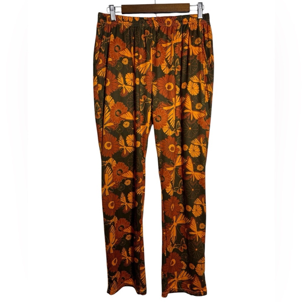 Earthbound Trading Co. Bohemian Floral Orange soft Pants, Pockets Sz L Festival